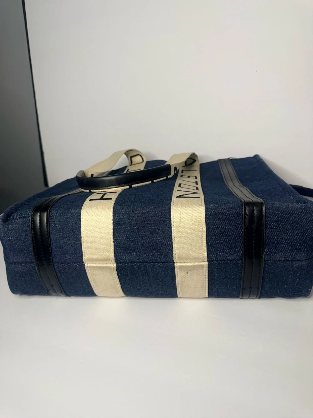 Halston Heritage Navy Canvas Tote with Cream Branded Straps